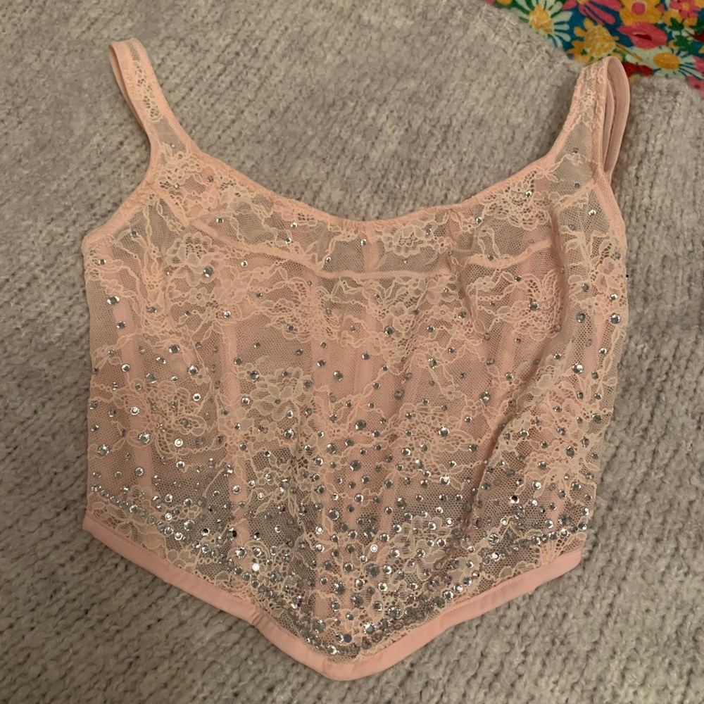 FINAL PRICE Victoria’s Secret pink corset boned lace mesh crystals. M, 34B or C